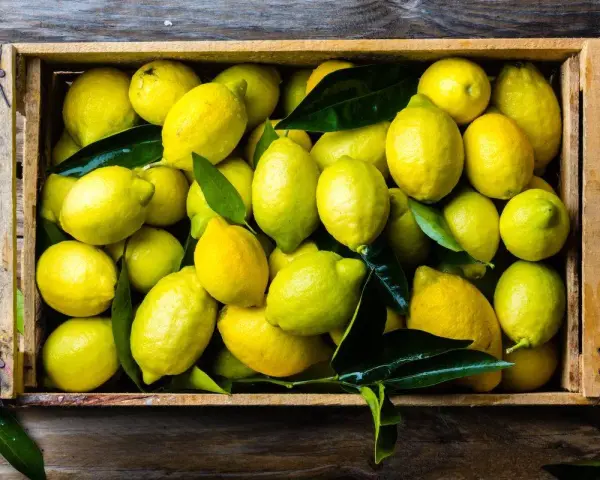 Cassa di limoni freschi. Attenzione, il citric acid fa male se consumato in eccesso.
