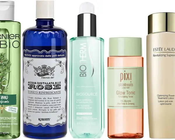 Cinque flaconi di tonico per il viso, tra cui Garnier, Roberts con acqua di rose, Biotherm, Pixi Glow Tonic e Estée Lauder.