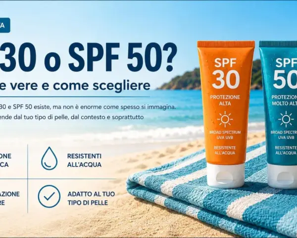 Due tubetti di crema solare, SPF 30 e SPF 50, su una spiaggia. Guida completa per scegliere il giusto fattore protezione solare.