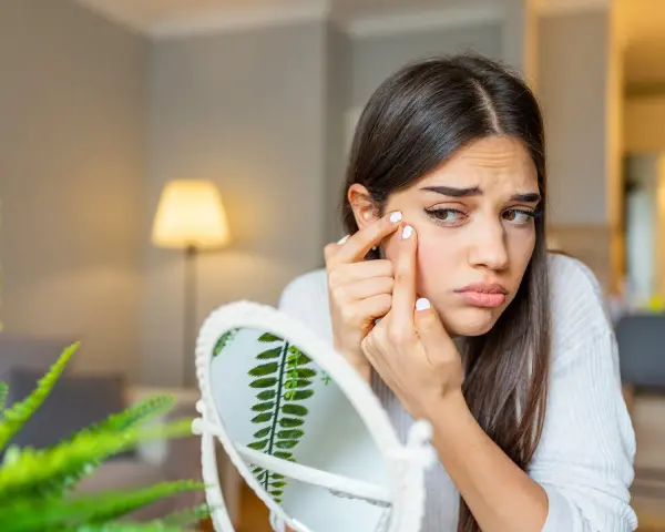 Ragazza preoccupata si tocca un brufolo sul viso, riflettendosi in uno specchio. La tentazione di schiacciarli è forte, ma la cura della pelle è importante.