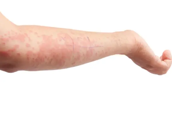 Braccio con eruzione cutanea rossa e pruriginosa, tipica dell'orticaria. Scopri come curarla.