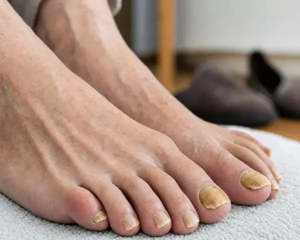 Piedi con unghie ispessite e gialle, che necessitano di cure.