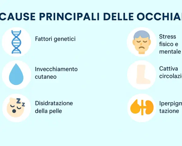 Le occhiaie a cosa sono dovute? Cause: genetica, invecchiamento, disidratazione, stress, cattiva circolazione, iperpigmentazione.
