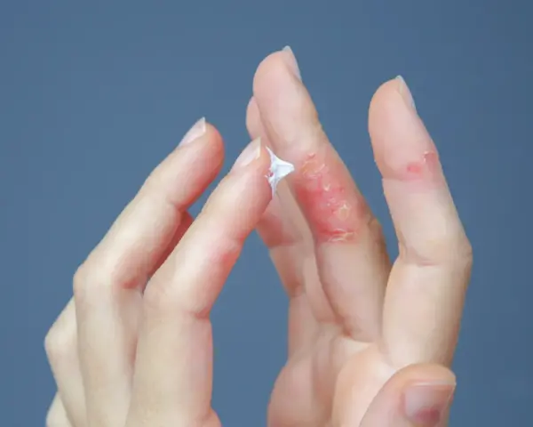 Mani con dermatite dita: pelle arrossata, screpolata e con piccole lesioni. Una mano applica crema.