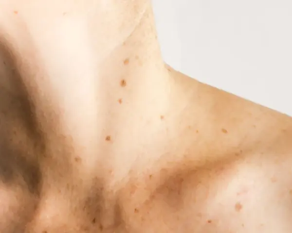 Pelle chiara con numerose macchie solari e lentiggini sul collo e sulle spalle. Alcune macchie solari vanno via da sole, altre rimangono.