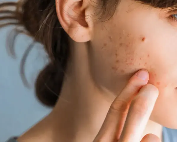 Primo piano del viso di una giovane donna con macchie da acne, che indica come togliere le macchie da acne.