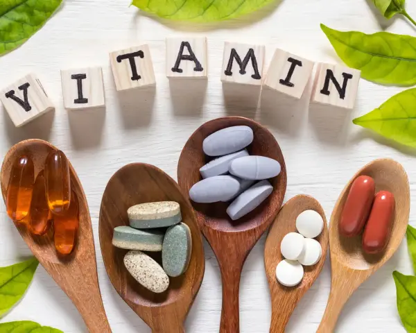 Cucchiaini di legno pieni di pillole e capsule, con le lettere che compongono la parola "VITAMIN" e foglie verdi. Tra le pillole, si nota la vitamina b6.