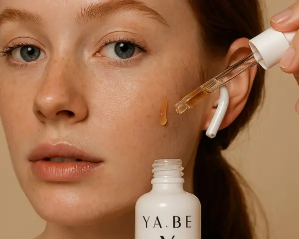 Una goccia di **siero** cade sul viso di una donna con lentiggini. La domanda è: **prima siero o crema**?