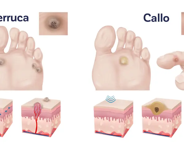 Illustrazione comparativa di verruche e calli, mostrando i diversi tipi e le loro caratteristiche cutanee.