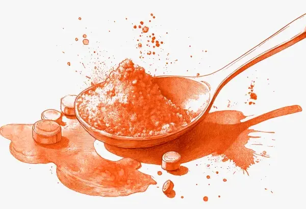 Cucchiaio pieno di polvere arancione, gocce e pillole. Un'illustrazione che evoca la domanda: quanti tipi di collagene esistono?