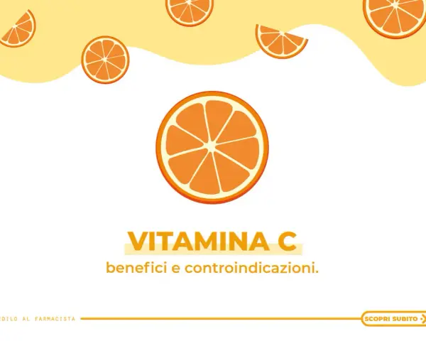 Arance stilizzate e testo "Vitamina C benefici e controindicazioni". Informazioni utili sulla vitamina C sulla pelle.