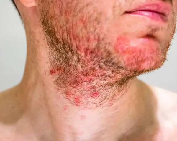 Primo piano del collo di un uomo con irritazione e brufoli sul collo, rossore e peli della barba.