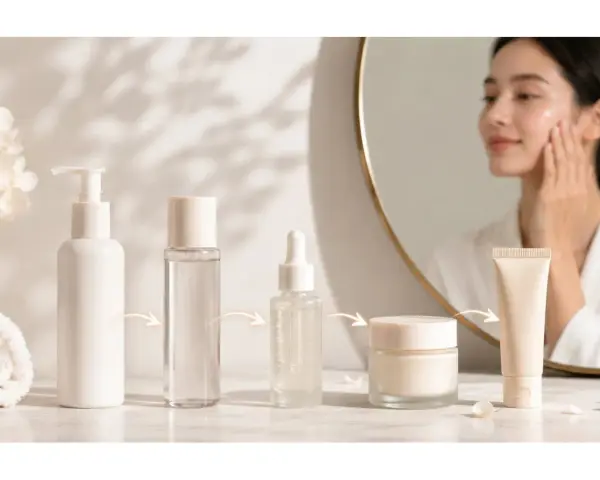 Passaggi skincare serale: flaconi, siero, crema e una donna che si accarezza il viso riflessa nello specchio.
