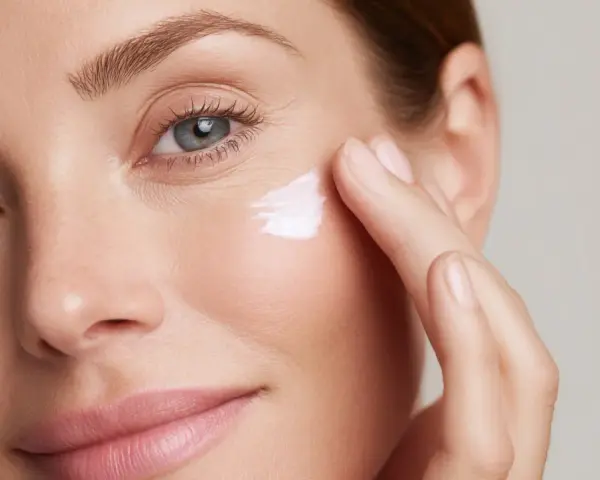 Donna applica crema contorno occhi, contrastando l'invecchiamento precoce a 60 anni. Pelle luminosa e idratata.