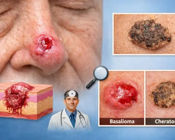 Basalioma sul naso, con sezione anatomica e confronto con cheratosi, una macchia scura dopo crosta.