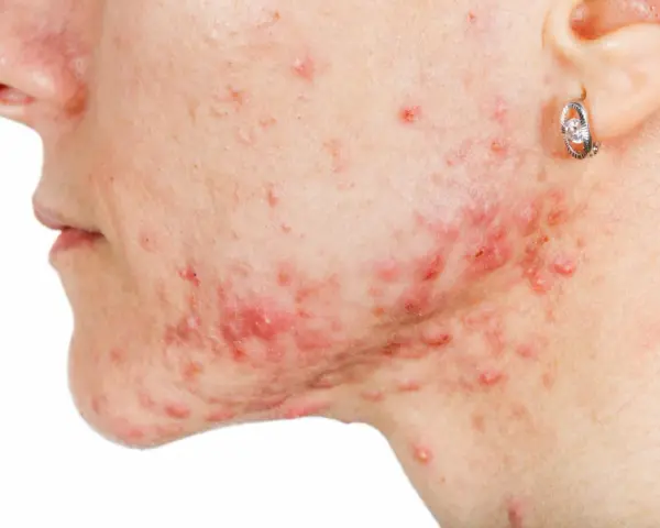 Primo piano del viso di una persona con acne, con un brufolo che non va via e arrossamenti evidenti.