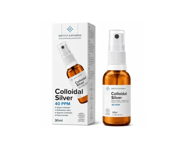 Flacone spray e scatola di argento colloidale Institut Katharos 40 PPM. Scopri a cosa serve questo prodotto naturale.