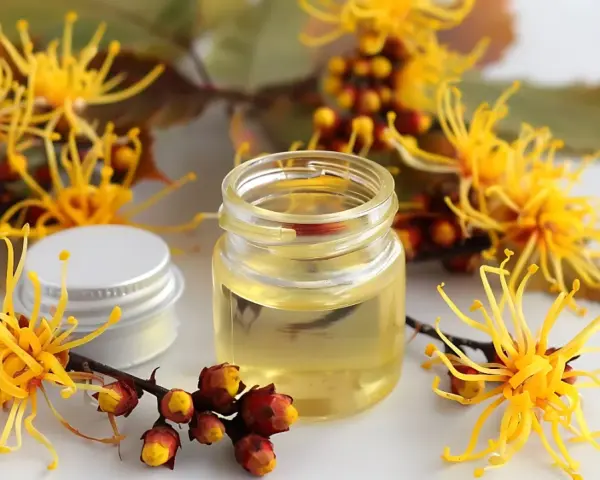 Un flacone di olio giallo circondato da fiori di amamelide, che mostra cos'è questa pianta benefica.