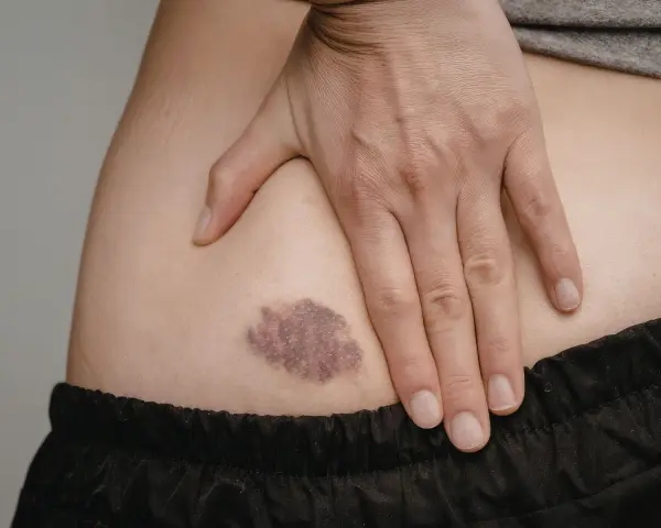 Mano che copre una macchia scura sulla pelle, possibile ipopigmentazione.