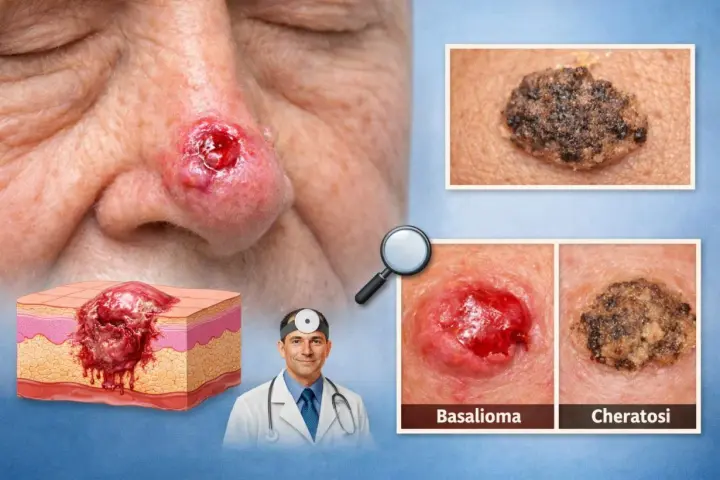 Basalioma sul naso, con sezione anatomica e confronto con cheratosi, una macchia scura dopo crosta.