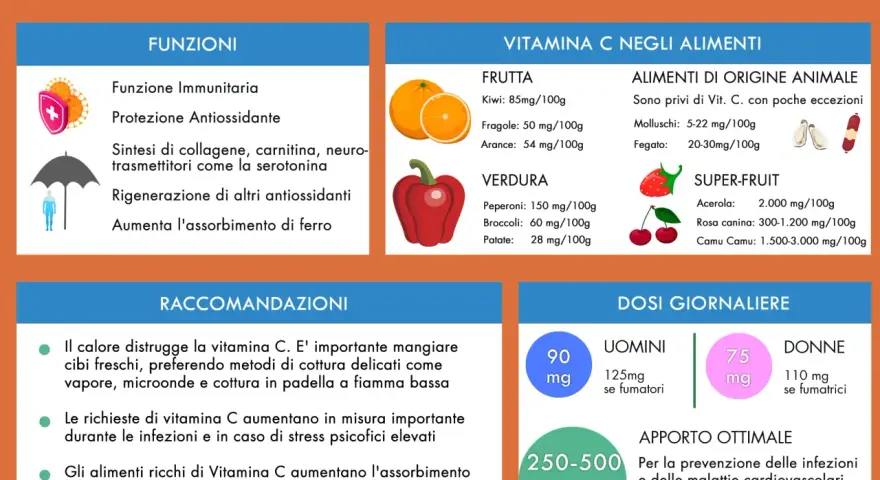 Infografica su Vitamina C: funzioni, alimenti ricchi (frutta, verdura, super-frutta), raccomandazioni e dosi giornaliere per uomini e donne.