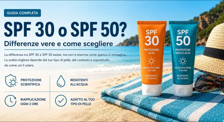 Due tubetti di crema solare, SPF 30 e SPF 50, su una spiaggia. Guida completa per scegliere il giusto fattore protezione solare.