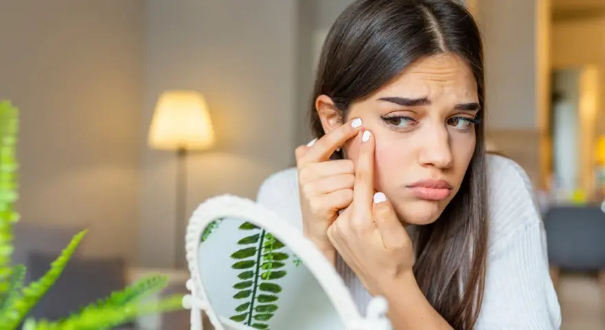 Ragazza preoccupata si tocca un brufolo sul viso, riflettendosi in uno specchio. La tentazione di schiacciarli è forte, ma la cura della pelle è importante.