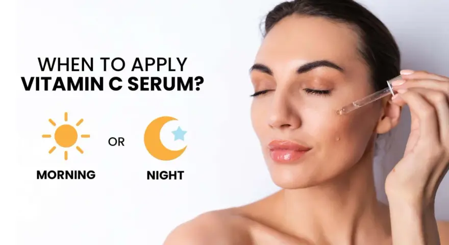 Donna applica siero vitamina C: quando usarlo? Mattina o sera per una pelle luminosa.