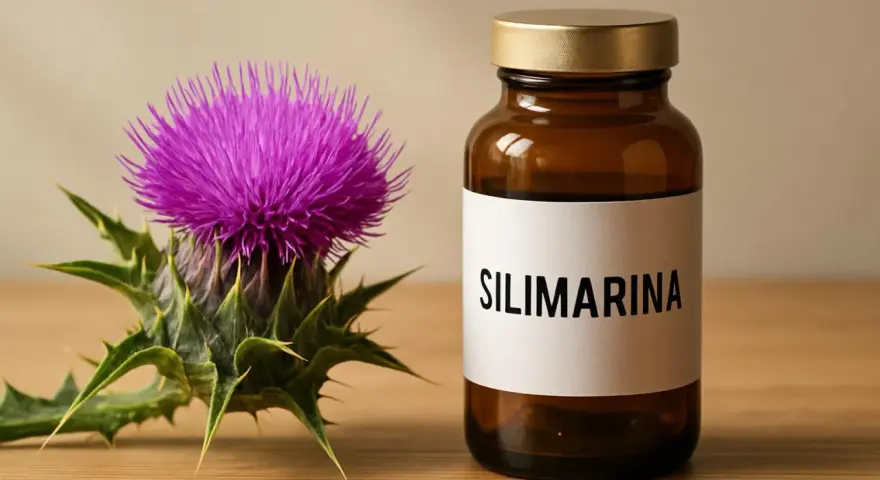 Fiore di cardo e flacone con etichetta "SILIMARINA". Scopri cos'è la silimarina e i suoi benefici.