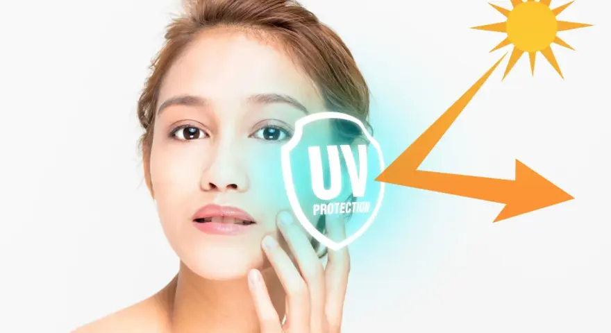 Volto di donna con simbolo di protezione UV e sole. La cura della pelle è fondamentale per ogni fototipo.