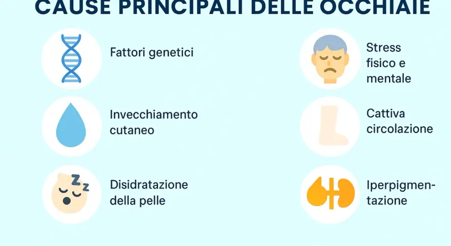 Le occhiaie a cosa sono dovute? Cause: genetica, invecchiamento, disidratazione, stress, cattiva circolazione, iperpigmentazione.