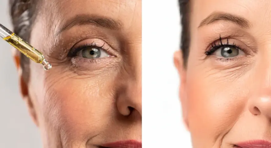 Prima e dopo: un siero dona alla pelle luminosa un aspetto più giovane e levigato.