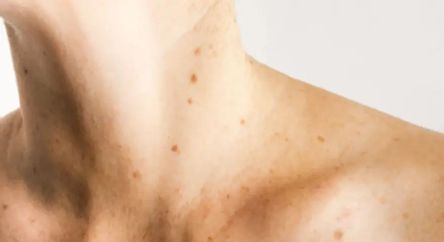 Pelle chiara con numerose macchie solari e lentiggini sul collo e sulle spalle. Alcune macchie solari vanno via da sole, altre rimangono.