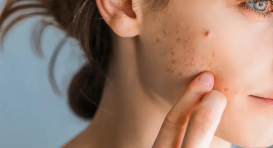 Primo piano del viso di una giovane donna con macchie da acne, che indica come togliere le macchie da acne.