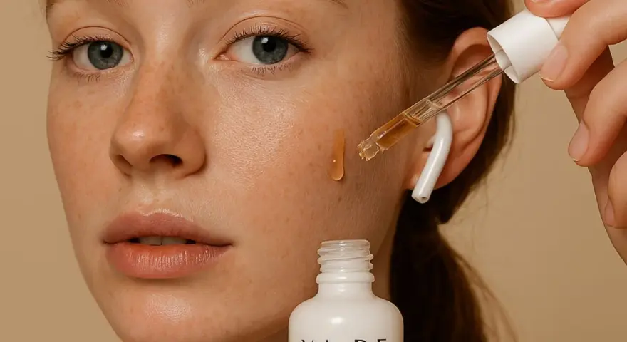 Una goccia di **siero** cade sul viso di una donna con lentiggini. La domanda è: **prima siero o crema**?