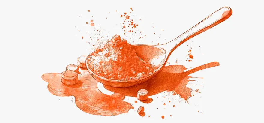 Cucchiaio pieno di polvere arancione, gocce e pillole. Un'illustrazione che evoca la domanda: quanti tipi di collagene esistono?