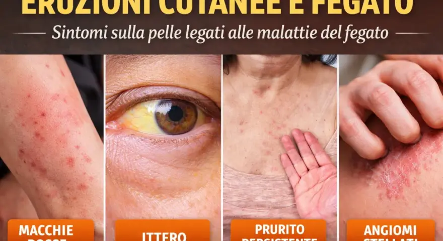 Eruzioni cutanee e ittero, sintomi legati al fegato. Macchie rosse, prurito persistente e angiomi stellati possono indicare problemi epatici.