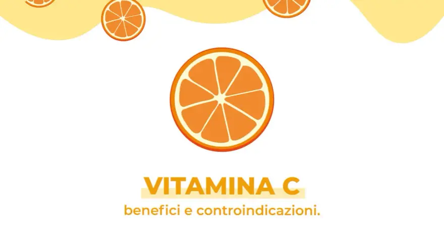 Arance stilizzate e testo "Vitamina C benefici e controindicazioni". Informazioni utili sulla vitamina C sulla pelle.