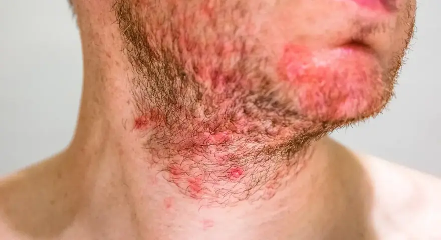 Primo piano del collo di un uomo con irritazione e brufoli sul collo, rossore e peli della barba.