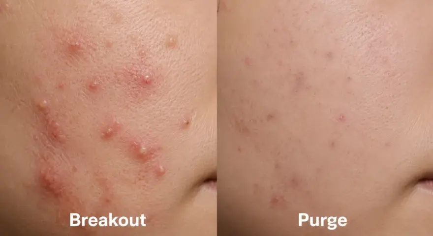 Confronto tra pelle con breakout e papule acne e pelle in fase di "purge", con miglioramento visibile.