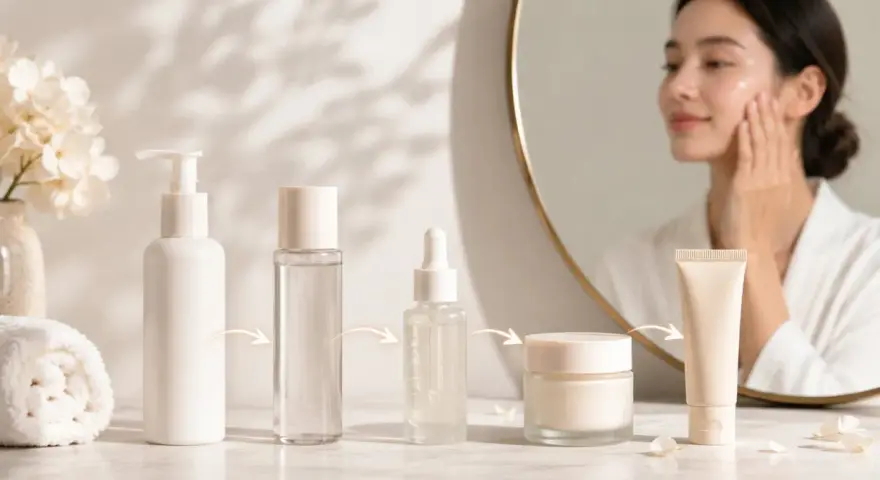 Passaggi skincare serale: flaconi, siero, crema e una donna che si accarezza il viso riflessa nello specchio.