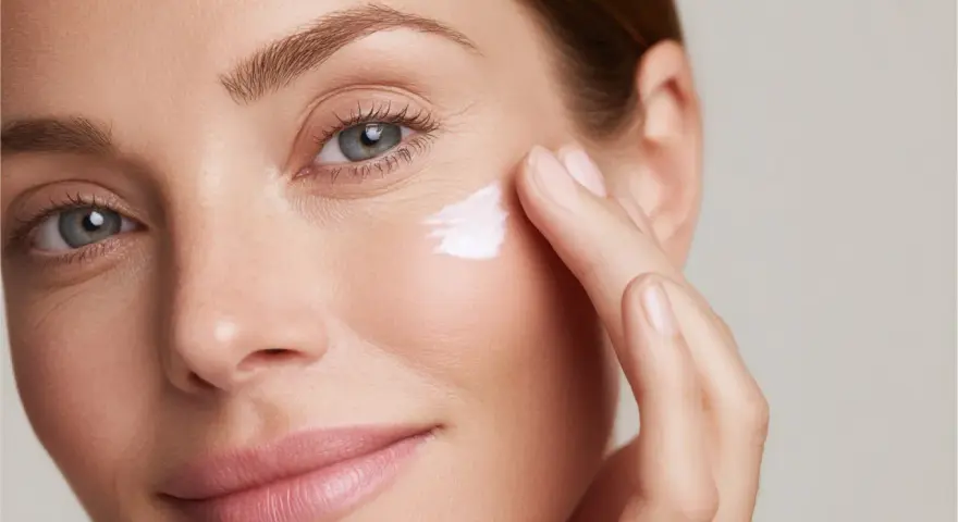 Donna applica crema contorno occhi, contrastando l'invecchiamento precoce a 60 anni. Pelle luminosa e idratata.