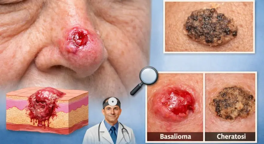 Basalioma sul naso, con sezione anatomica e confronto con cheratosi, una macchia scura dopo crosta.