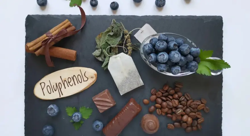 Mirtilli, caffè, cioccolato, cannella e tè: alimenti ricchi di polifenoli, antiossidanti naturali.