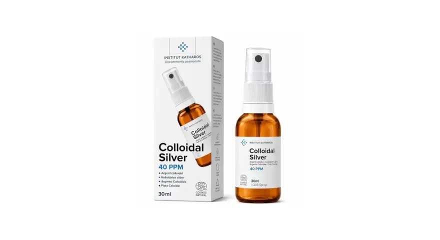 Flacone spray e scatola di argento colloidale Institut Katharos 40 PPM. Scopri a cosa serve questo prodotto naturale.