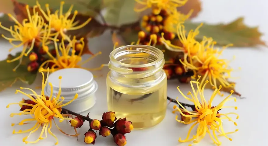 Un flacone di olio giallo circondato da fiori di amamelide, che mostra cos'è questa pianta benefica.