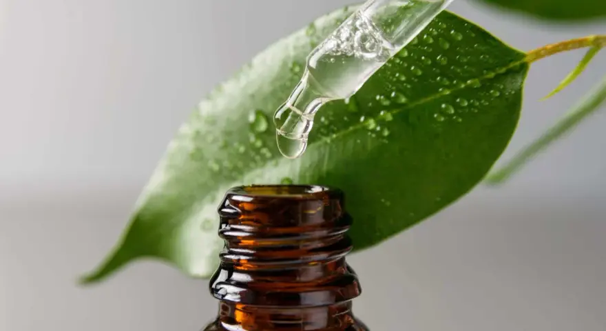Goccia di liquido trasparente da un contagocce su una foglia verde bagnata. Il contagocce è sopra una bottiglietta di vetro ambrato. Cos'è il glicerolo?