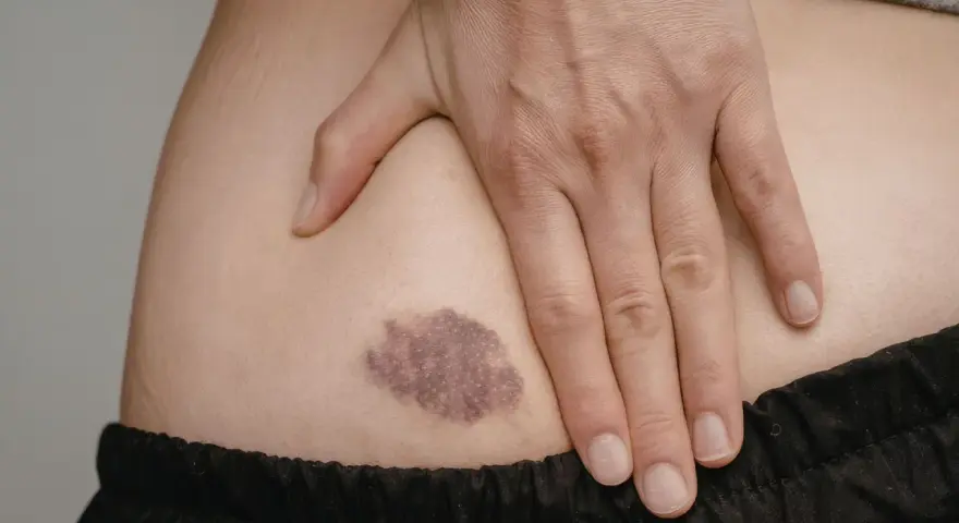 Mano che copre una macchia scura sulla pelle, possibile ipopigmentazione.