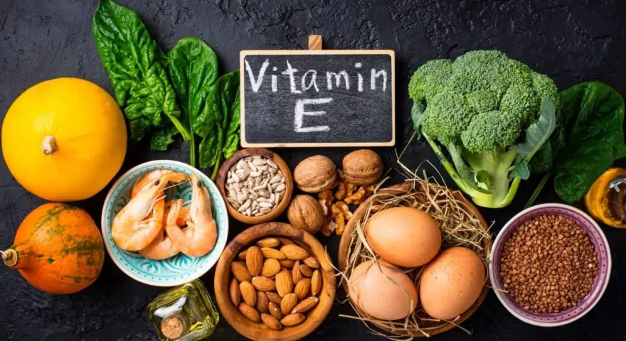 Alimenti ricchi di vitamina E: zucca, spinaci, gamberi, mandorle, semi di girasole, noci, uova, broccoli, grano saraceno e olio.