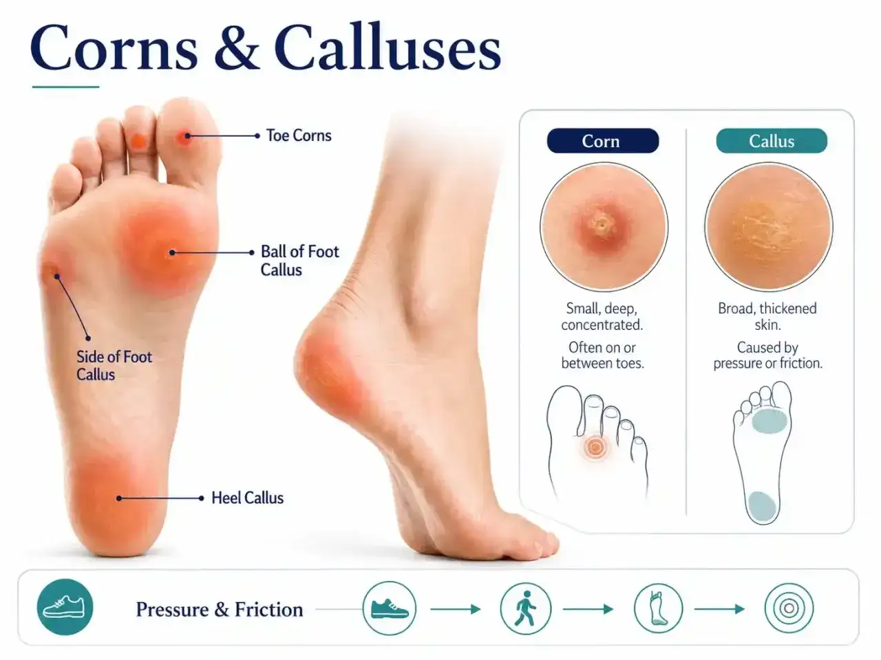 Piedi con calli e duroni evidenziati: calli sul tallone, sotto l'avampiede, sul lato e dita. Illustrazione di calli e duroni.